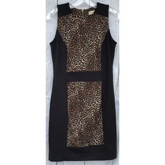 Michael Kors Womens Size 2 Gold Zip Back Sleeveless Cheetah & Black Sheath Dress - Picture 1 of 12